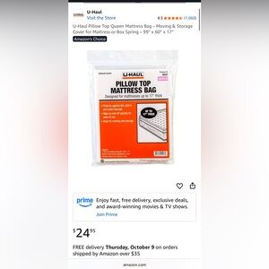 NEW U-Haul Queen Mattress Bag Pillow Top Extra Deep Moving